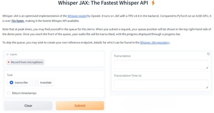 Whisper JAX：一款基于 Whisper API 的在线语音转文字工具