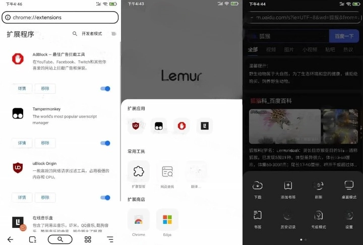 狐猴浏览器v2.5.5.001 Lemur Browser，支持谷歌、微软插件的手机浏览器