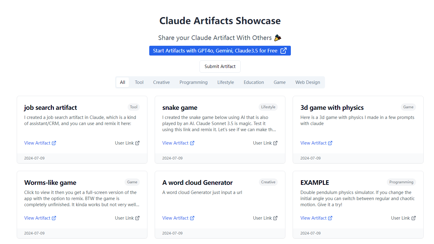 Claude Artifacts：一个展示和分享由 AI 工具生成的创意作品的平台
