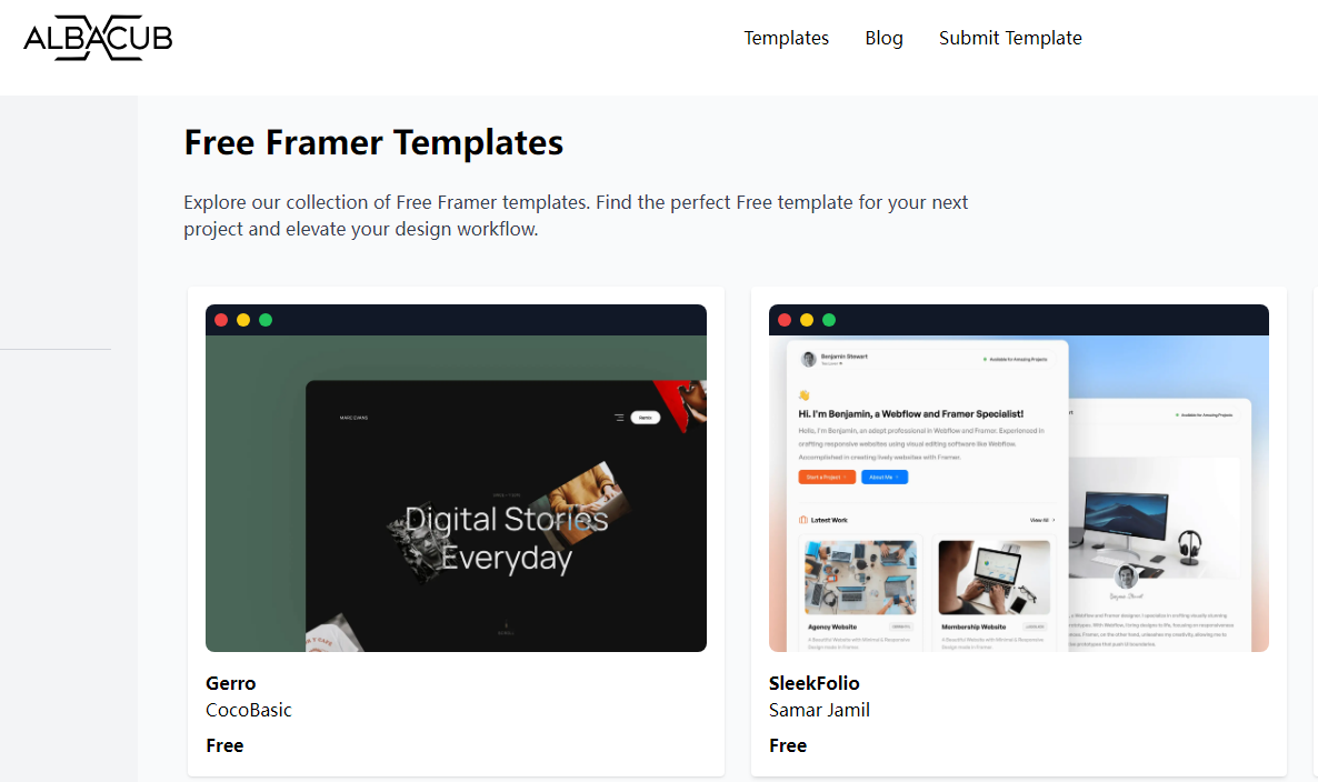 AlbaCub.com：开发者的免费 Framer 模板宝库
